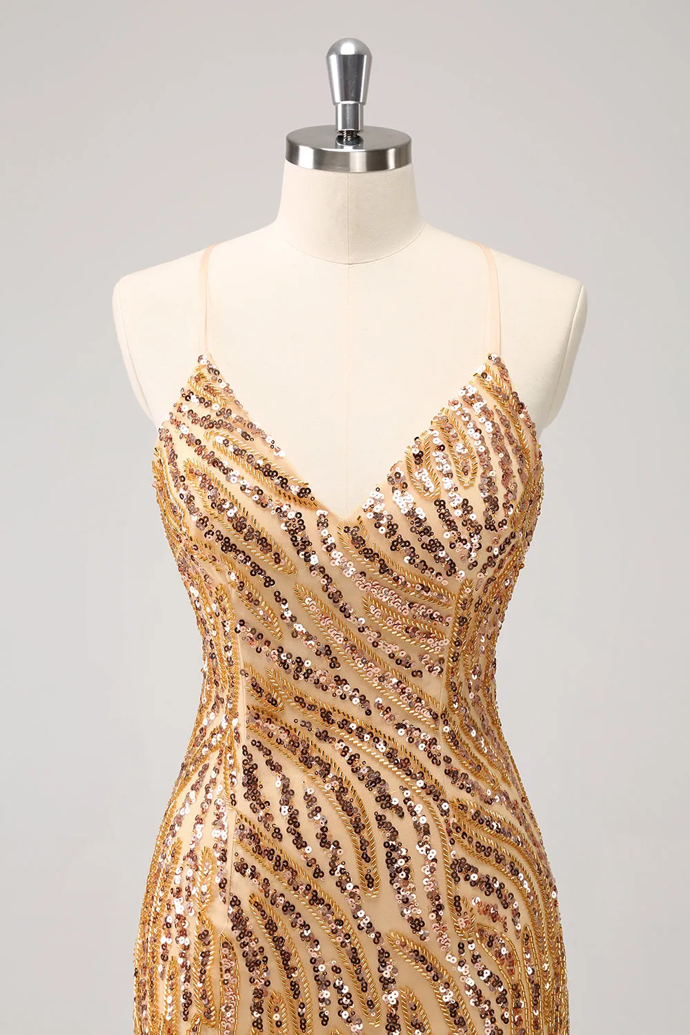 Sparkly Unique Gold Bodycon Spaghetti Straps Sequin Homecoming Dress with Tassel sold by Wedtrend product image thumbnail 4