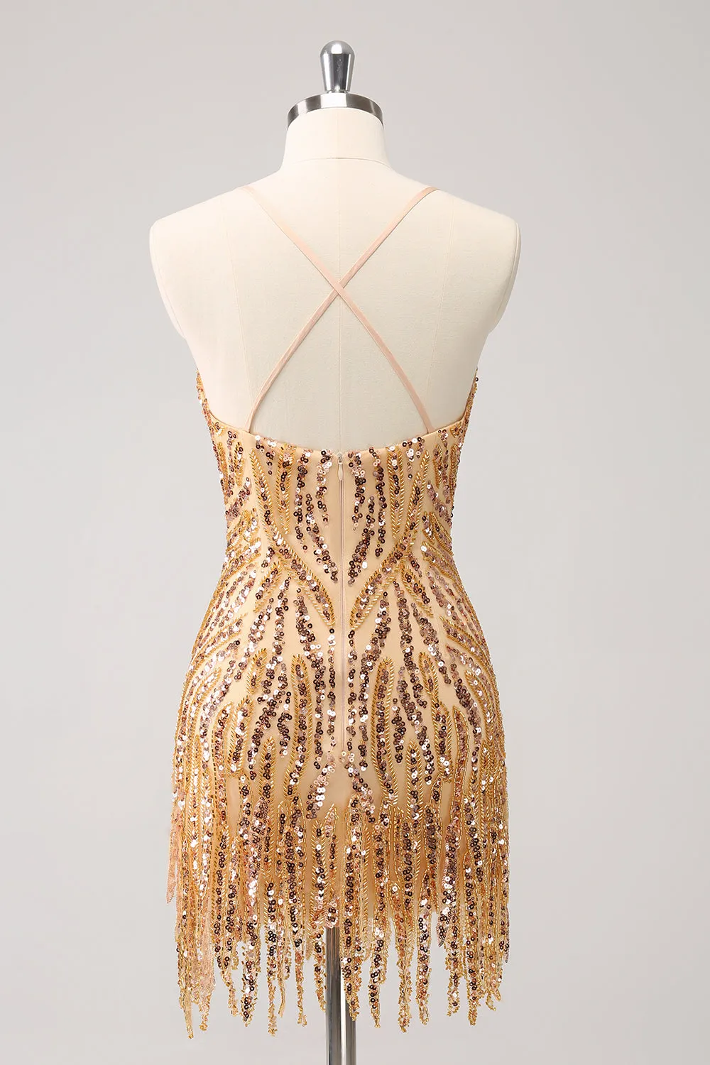 Sparkly Unique Gold Bodycon Spaghetti Straps Sequin Homecoming Dress with Tassel sold by Wedtrend product image thumbnail 2