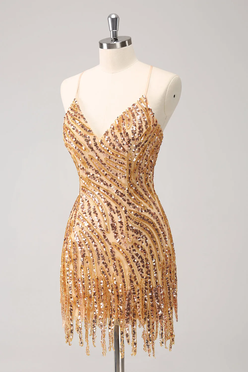 Sparkly Unique Gold Bodycon Spaghetti Straps Sequin Homecoming Dress with Tassel sold by Wedtrend product image thumbnail 3