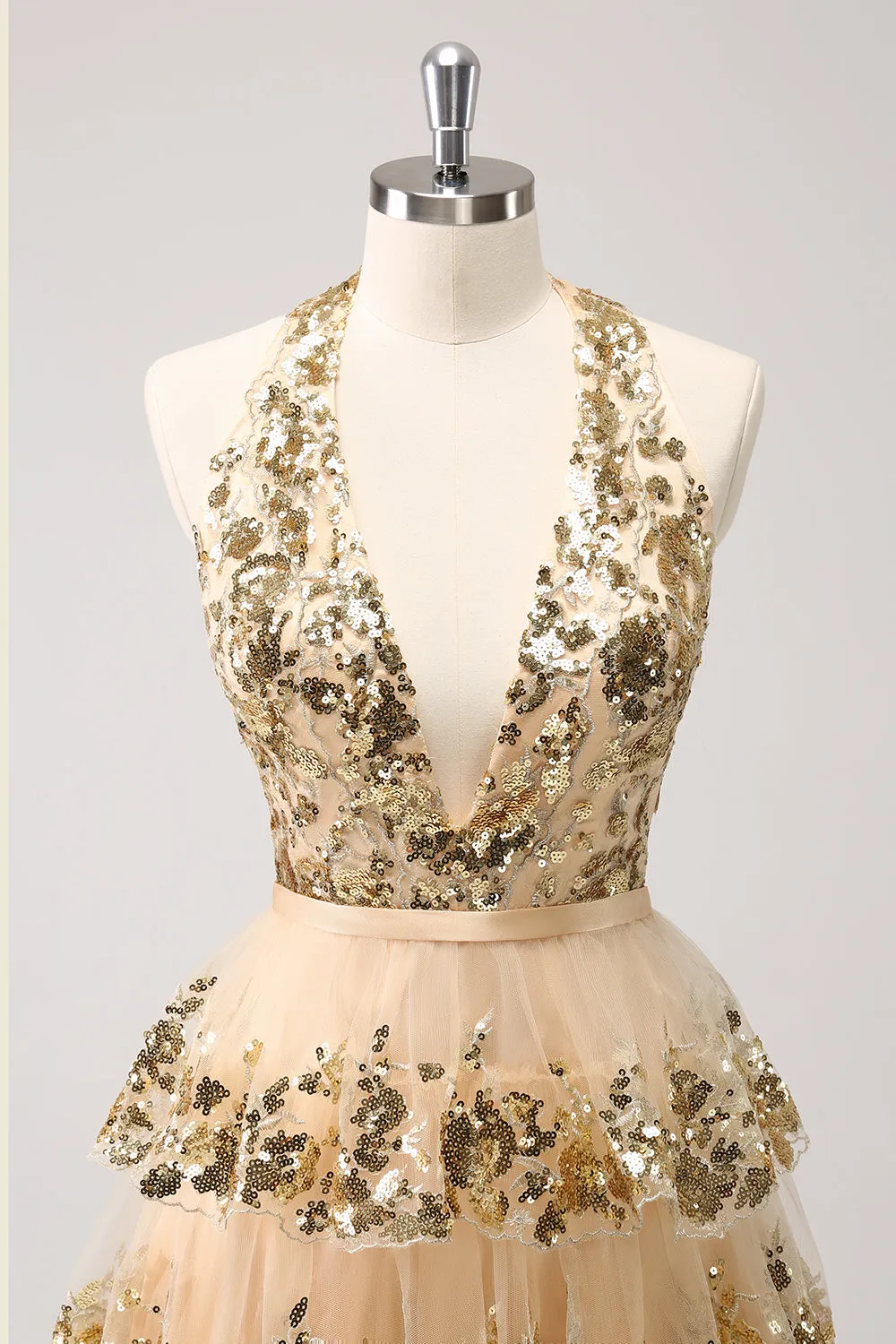 Sparkly Gold A Line Halter Corset Tiered Backless Homecoming Dress with Sequins sold by Wedtrend product image thumbnail 4