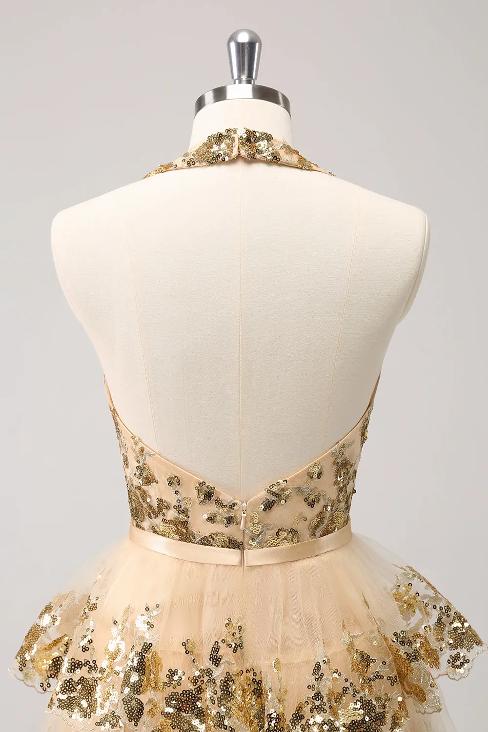 Sparkly Gold A Line Halter Corset Tiered Backless Homecoming Dress with Sequins sold by Wedtrend product image thumbnail 5