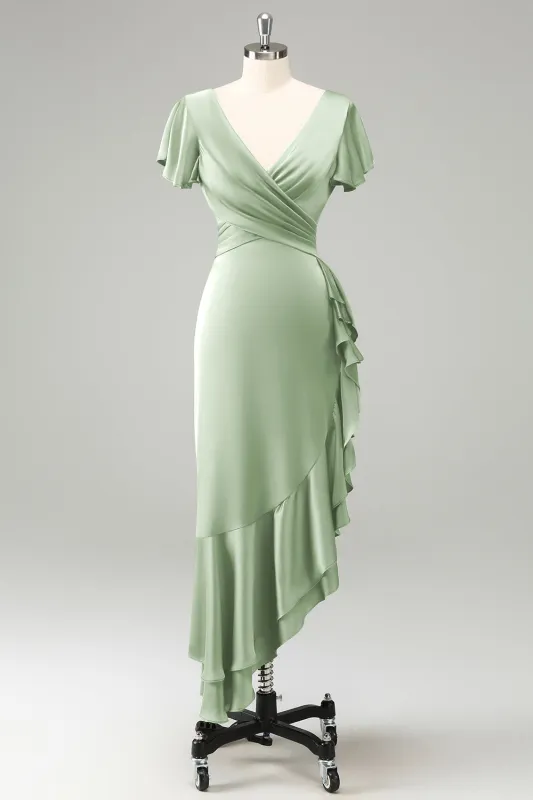 Elegant Dusty Sage A Line V Neck Short Sleeves Asymmetrical Bridesmaid Dress with Ruffles made by Wedtrend