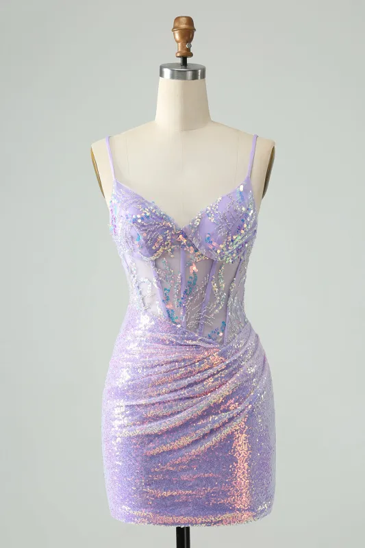 Glitter Lilac Tight Spaghetti Straps Corset Short Homecoming Dress with Sequins sold by Wedtrend