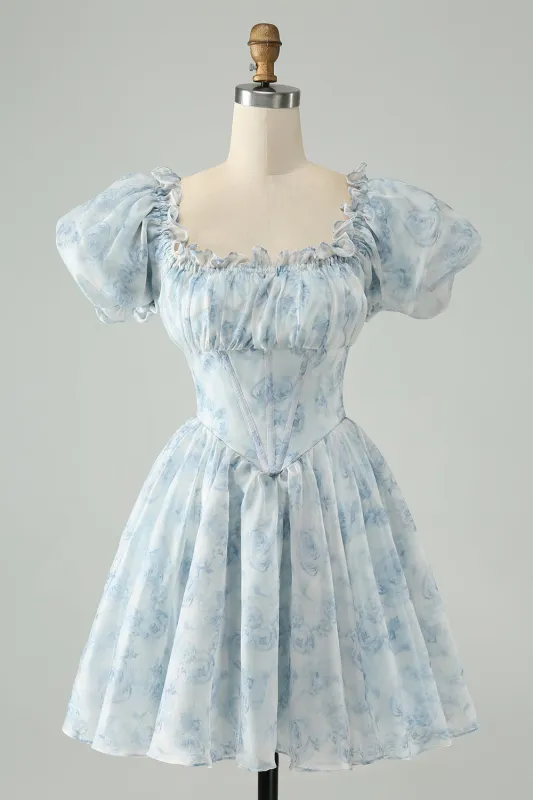 Cute Sky Blue A Line Square Neck Floral Short Homecoming Dress with Ruffles sold by Wedtrend