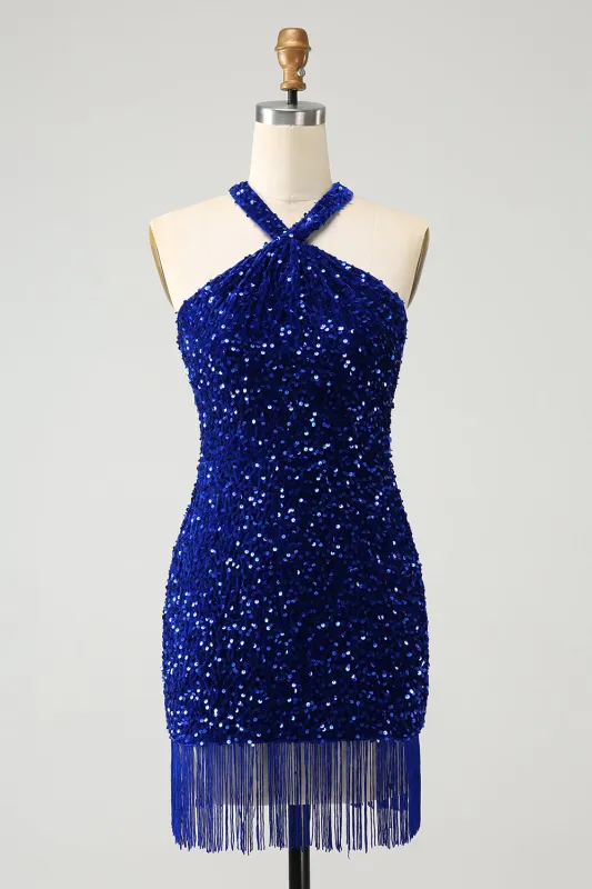 Sparkly Royal Blue Bodycon Halter Sequin Short Homecoming Dress with Tassels sold by Wedtrend