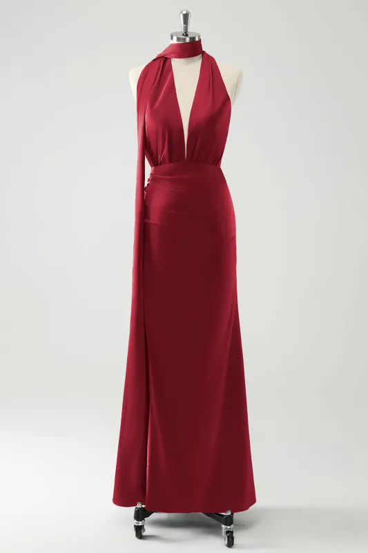 Burgundy Sheath Convertible Deep V Neck Ruched Long Bridesmaid Dress with Open Back sold by Wedtrend