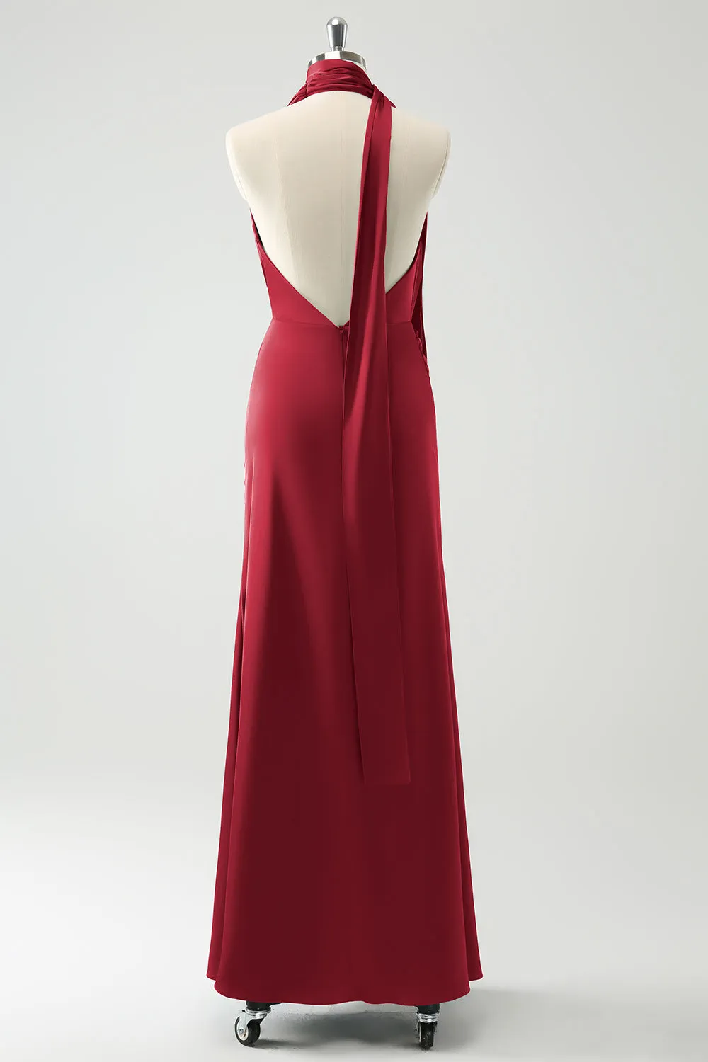 Burgundy Sheath Convertible Deep V Neck Ruched Long Bridesmaid Dress with Open Back sold by Wedtrend product image thumbnail 2