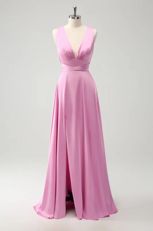 Pink A Line Deep V Neck Backless Long Bridesmaid Dress with Slit sold by Wedtrend