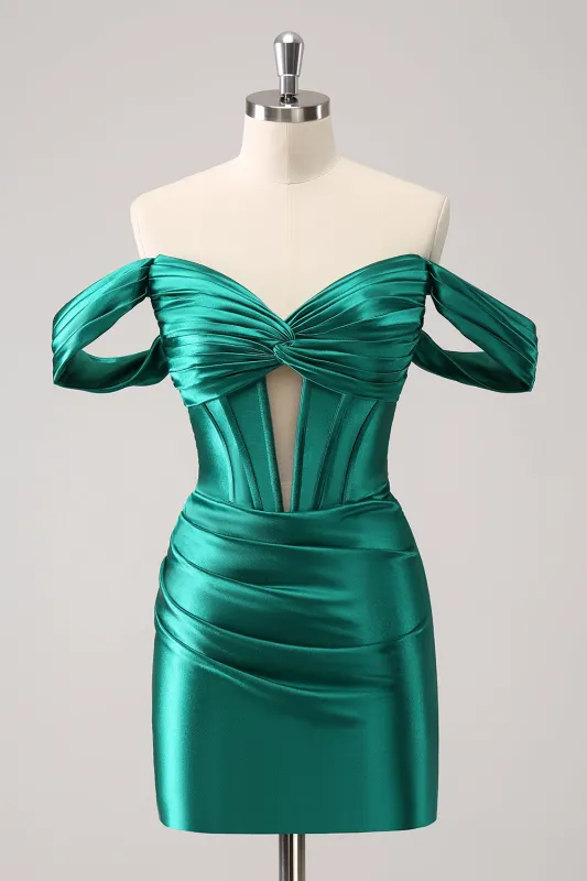 Stylish Dark Green Off The Shoulder Ruched Cut Out Corset Tight Homecoming Dress sold by Wedtrend