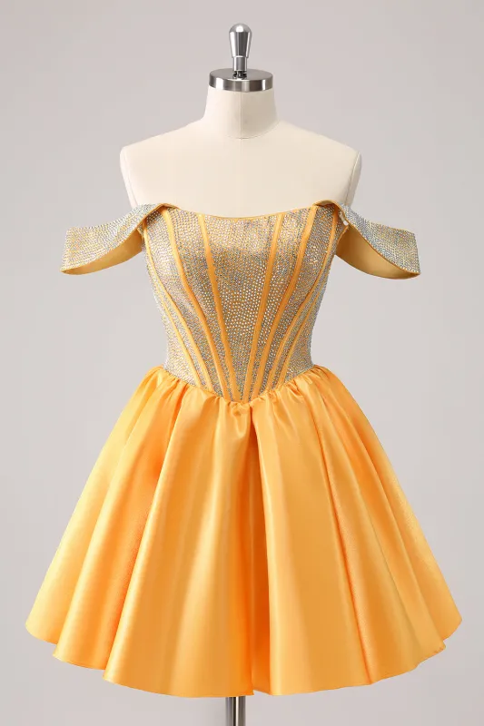 Cute Yellow A Line Off The Shoulder Corset Homecoming Dress with Beading sold by Wedtrend