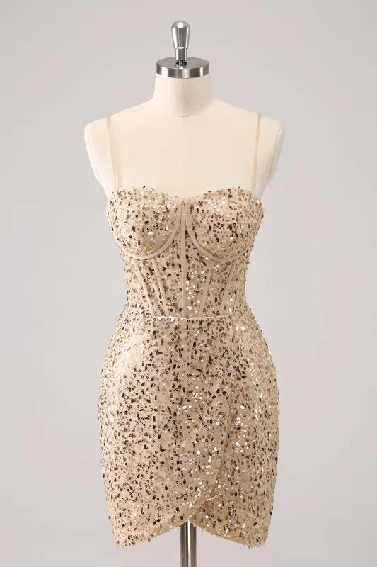 Stylish Golden Bodycon Spaghetti Straps Sequin Short Homecoming Dress sold by Wedtrend
