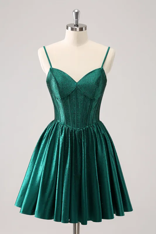 Cute Dark Green A Line Spaghetti Straps Ruffle Corset Short Homecoming Dress with Beading made by Wedtrend