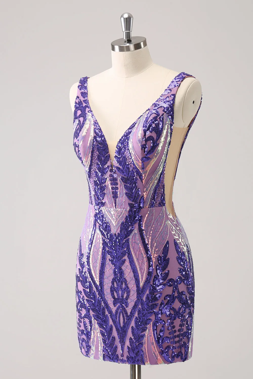 Sparkly Dark Purple Bodycon V Neck Backless Short Homecoming Dress with Sequins sold by Wedtrend product image thumbnail 3