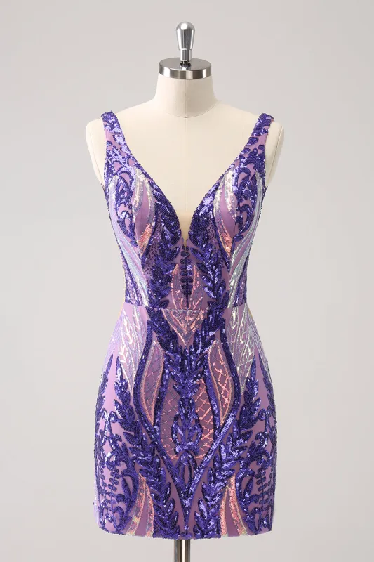 Sparkly Dark Purple Bodycon V Neck Backless Short Homecoming Dress with Sequins sold by Wedtrend
