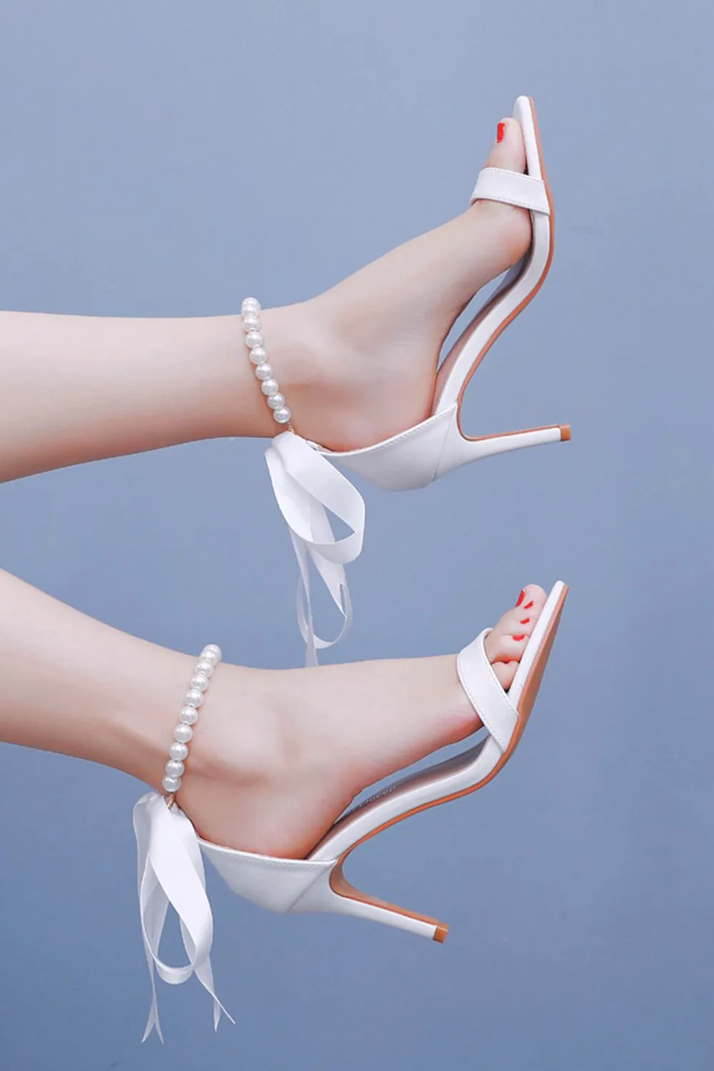 White Satin Pearl Open Toe Ankle Strap High Heels Wedding Shoes sold by Wedtrend product image thumbnail 5