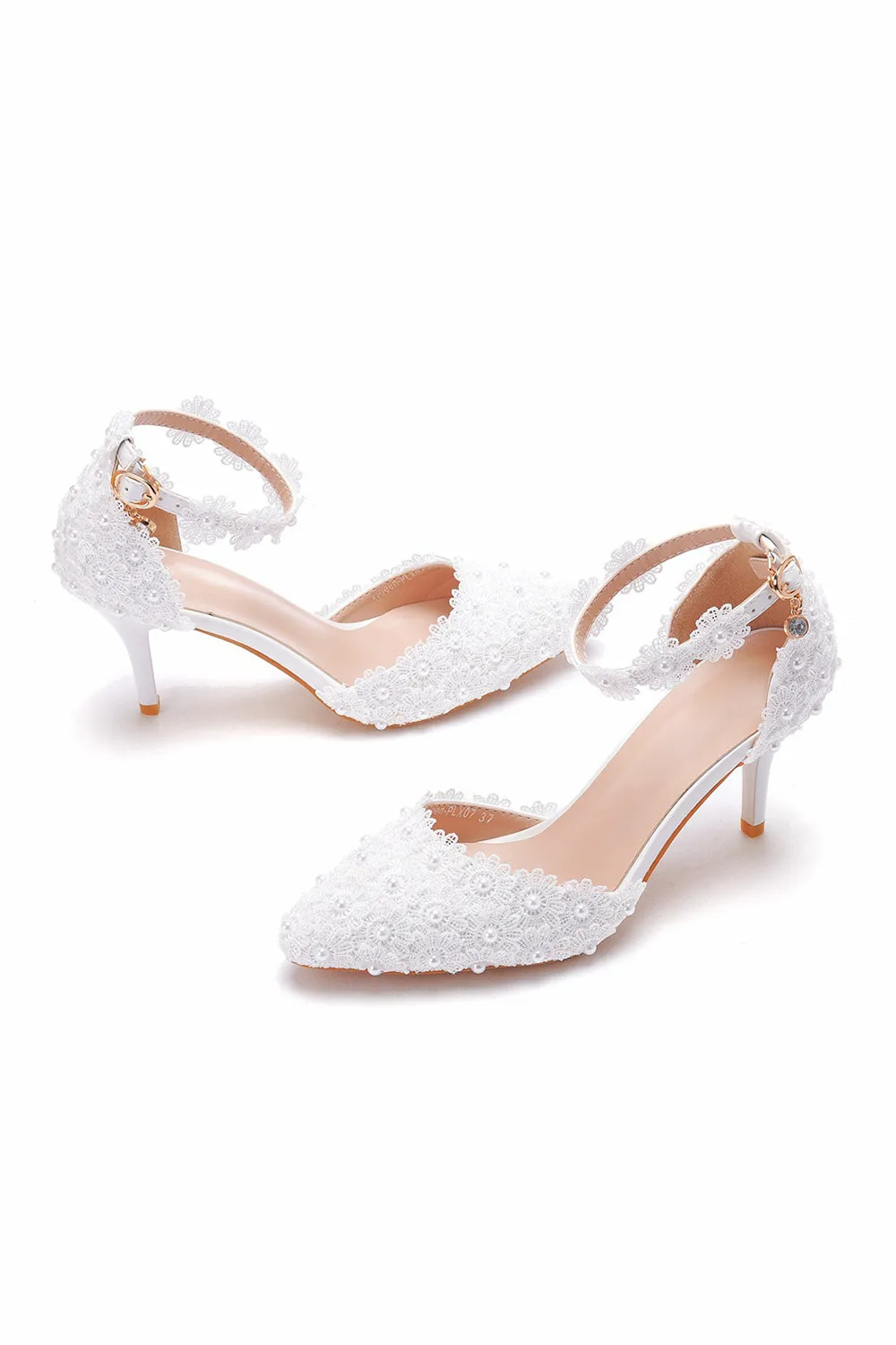 White Pointed Toe High Heels Sandals Lace Pearl Bridal Shoes sold by Wedtrend product image thumbnail 2