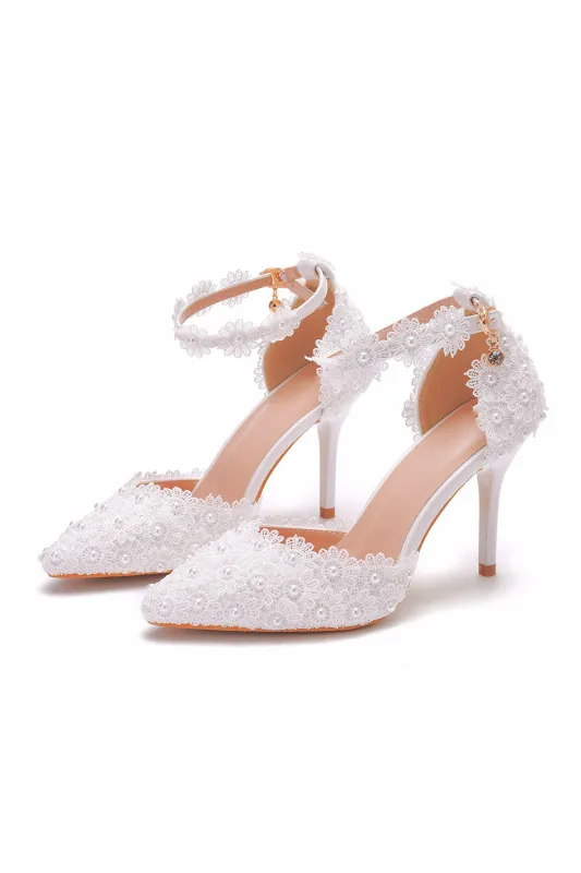 White Pointed Toe High Heels Sandals Lace Pearl Bridal Shoes sold by Wedtrend
