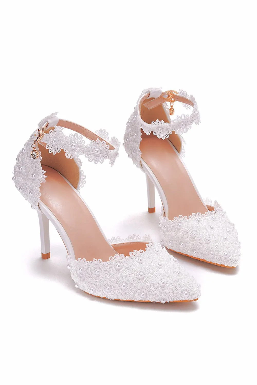 White Pointed Toe High Heels Sandals Lace Pearl Bridal Shoes sold by Wedtrend product image thumbnail 4