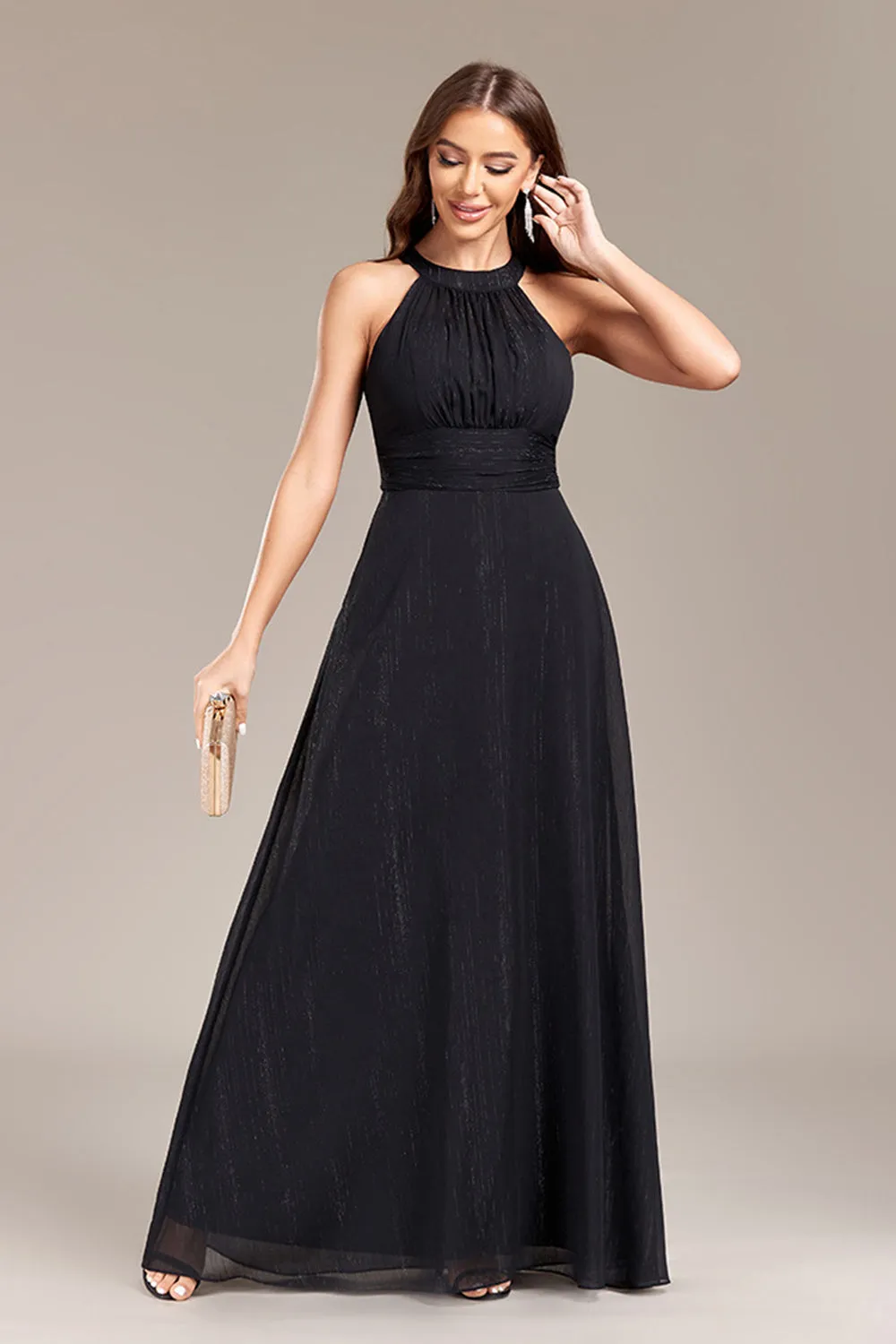 Black A Line Halter Wedding Party Guest Dress with Open Back sold by Wedtrend