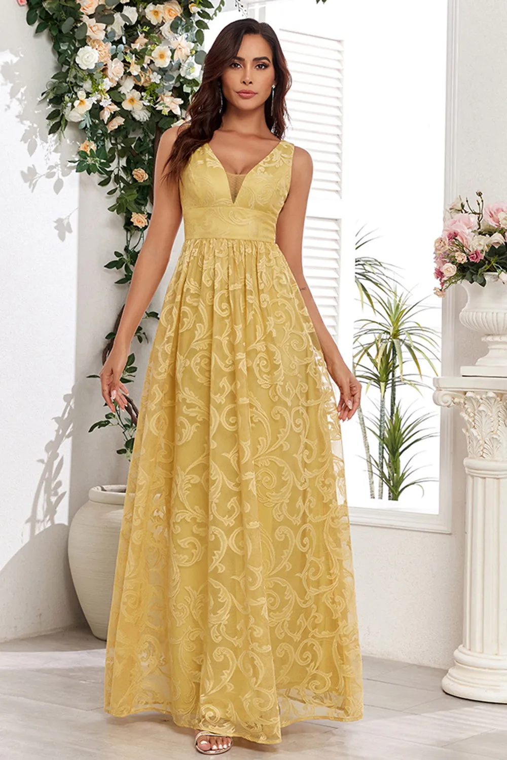 Yellow A Line V-Neck Wedding Party Guest Dress With Appliques sold by Wedtrend