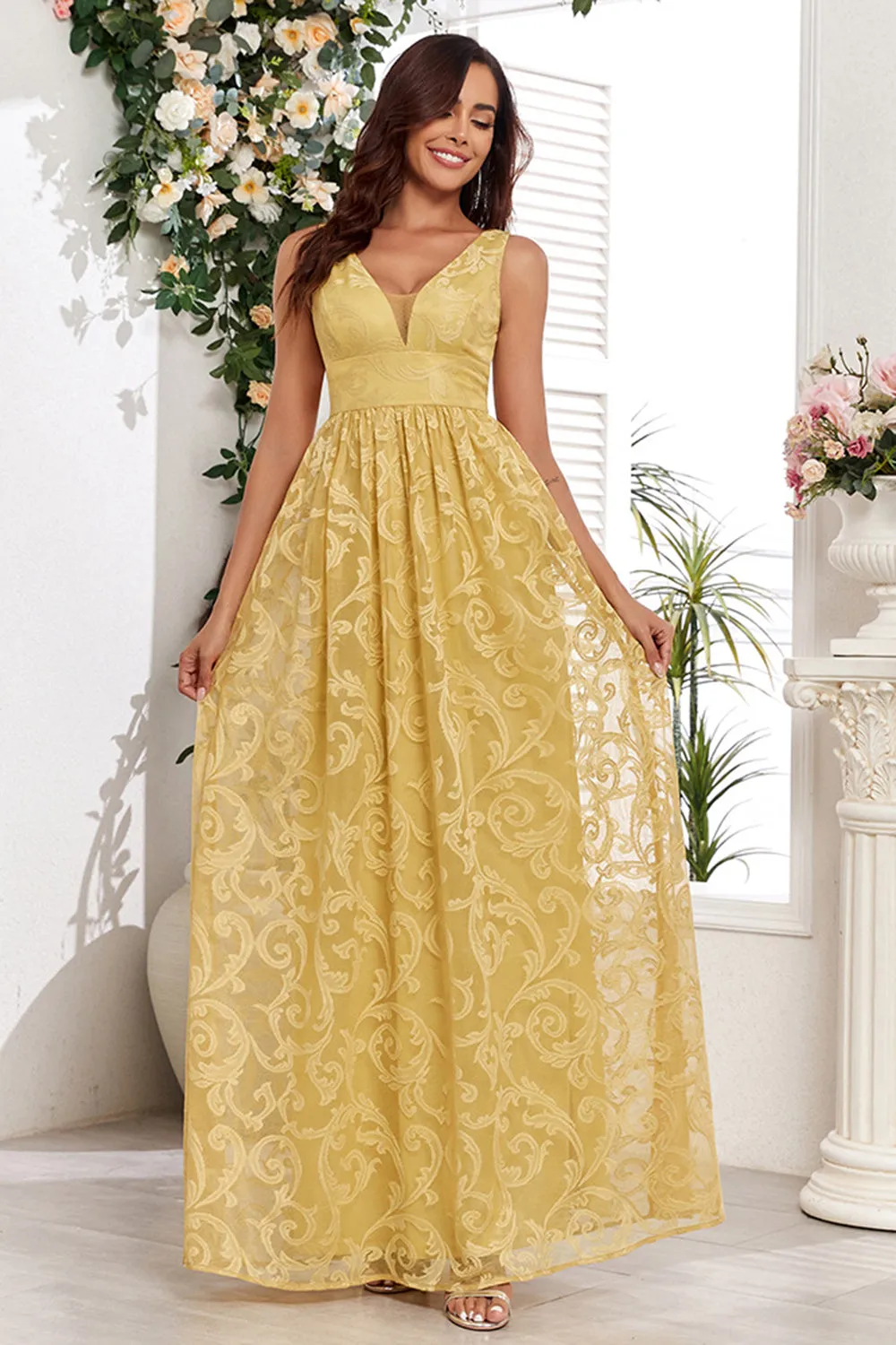 Yellow A Line V-Neck Wedding Party Guest Dress With Appliques sold by Wedtrend product image thumbnail 4