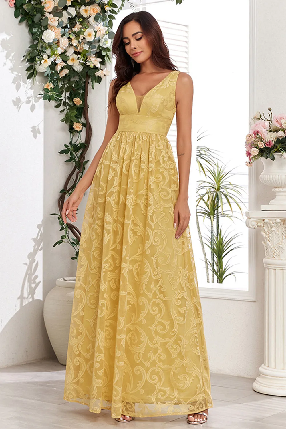 Yellow A Line V-Neck Wedding Party Guest Dress With Appliques sold by Wedtrend product image thumbnail 5