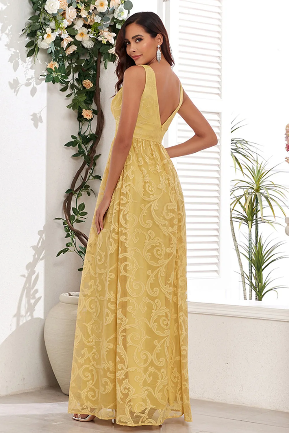 Yellow A Line V-Neck Wedding Party Guest Dress With Appliques sold by Wedtrend product image thumbnail 2