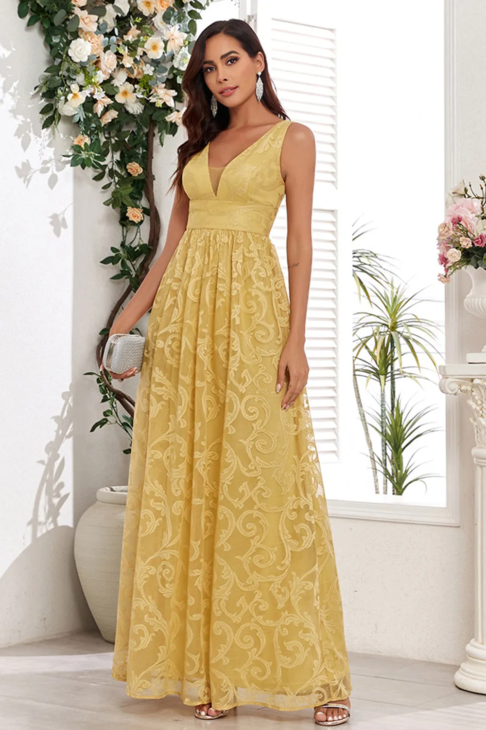 Yellow A Line V-Neck Wedding Party Guest Dress With Appliques sold by Wedtrend product image thumbnail 3