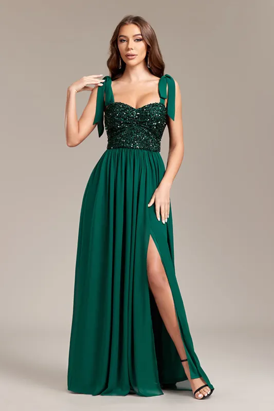 Sparkly Green A Line Sequins Backless Maxi Dress With Slit made by Wedtrend