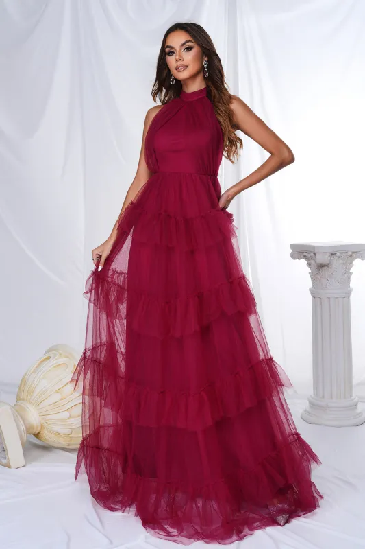 Burgundy A Line Halter Tiered Tulle Long Prom Dress made by Wedtrend