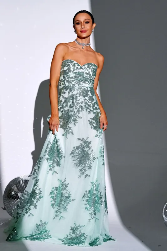 Sparkly Green A Line Sweetheart Strapless Long Prom Dress sold by Wedtrend