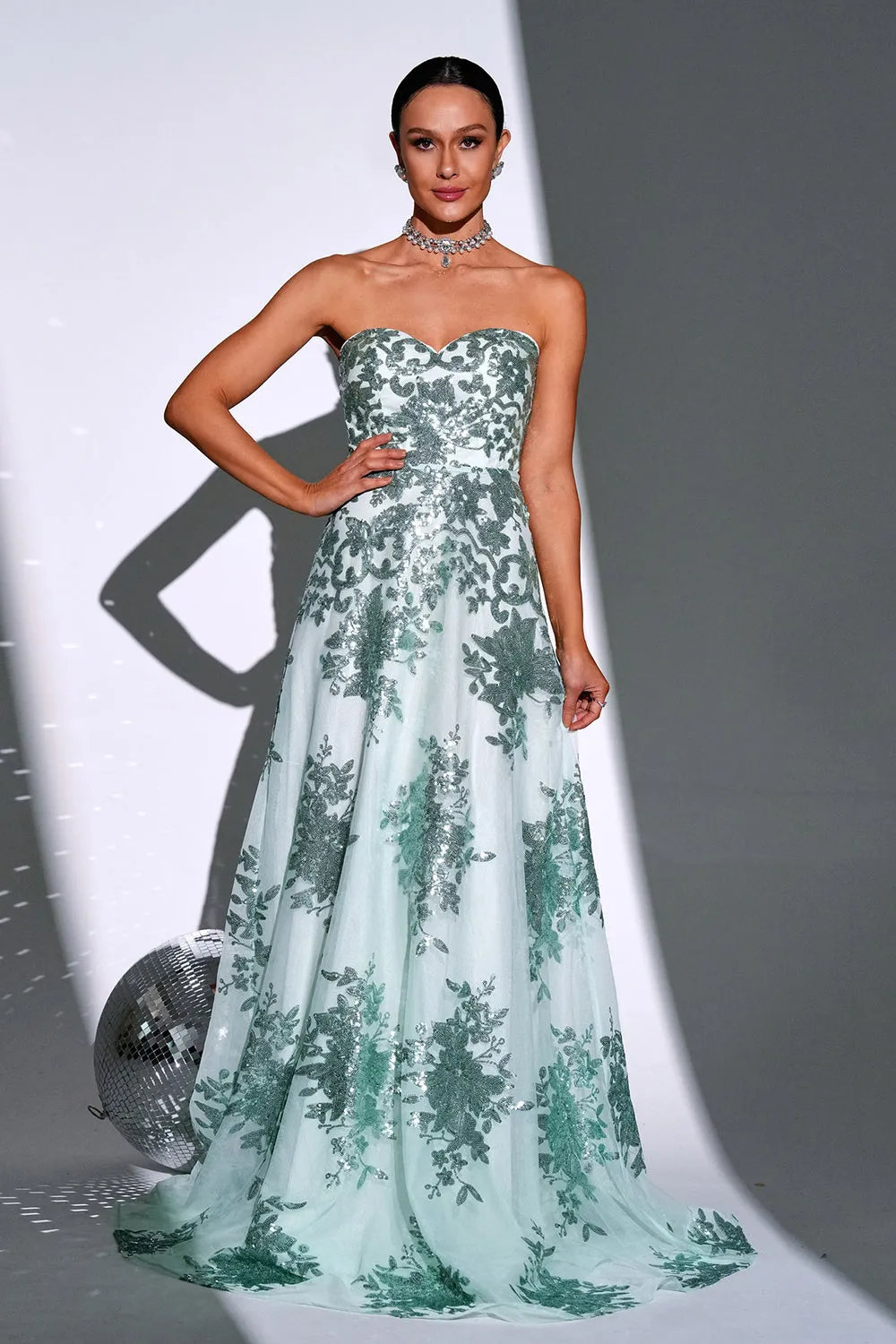 Sparkly Green A Line Sweetheart Strapless Long Prom Dress sold by Wedtrend product image thumbnail 4