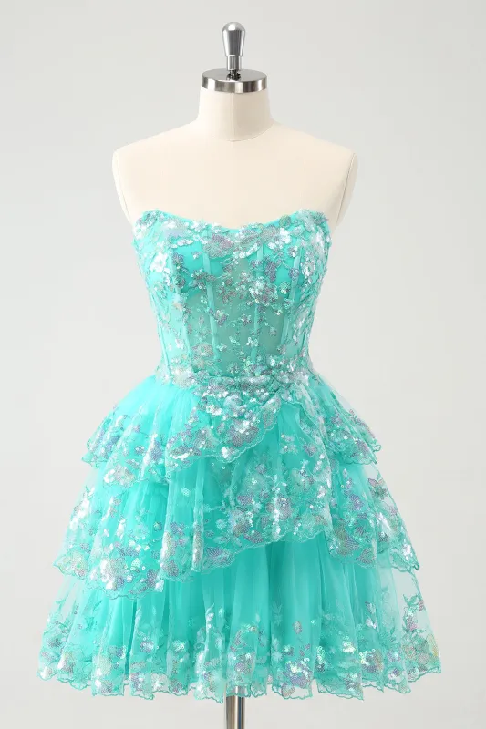 Cute Sparkly Green A Line Corset Tiered Short Homecoming Dress with Lace Up Back made by Wedtrend