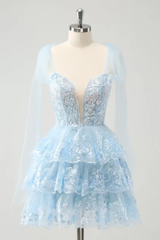 Cute Sparkly Blue A Line V Neck Corset Tiered Short Homecoming Dress made by Wedtrend