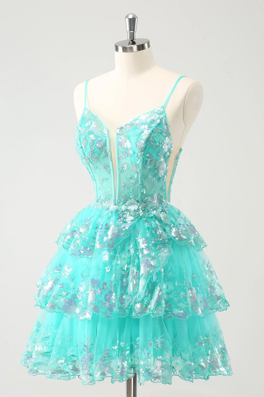 Cute Sparkly Green A Line Spaghetti Straps Corset Tiered Short Homecoming Dress sold by Wedtrend product image thumbnail 4