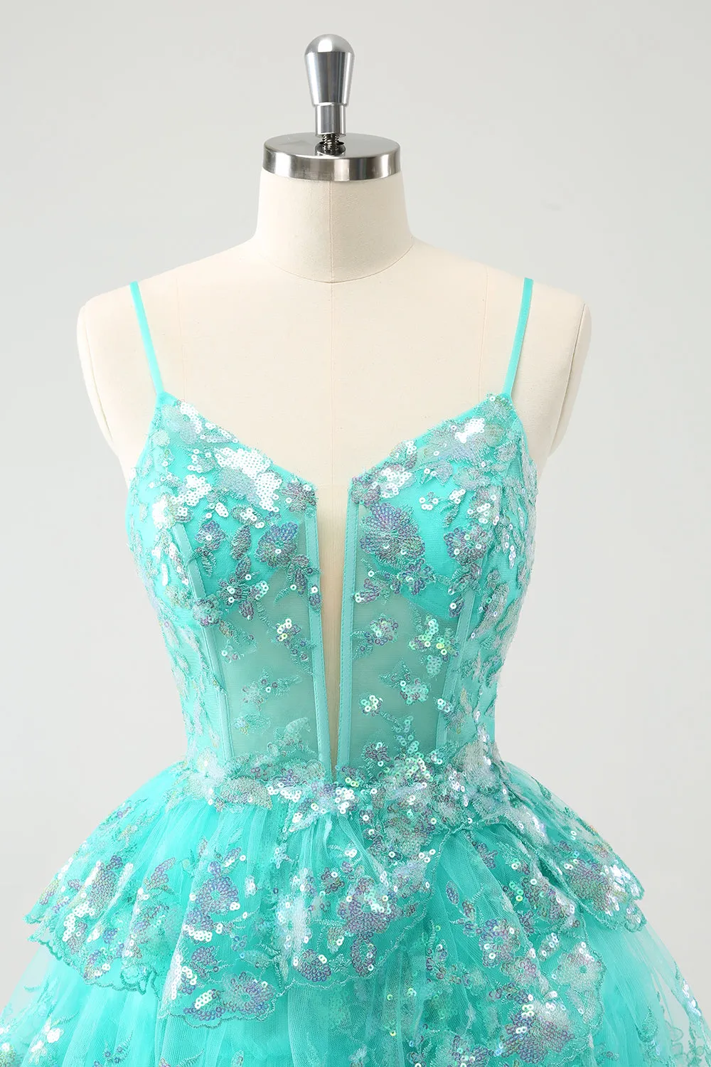 Cute Sparkly Green A Line Spaghetti Straps Corset Tiered Short Homecoming Dress sold by Wedtrend product image thumbnail 5