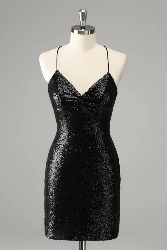 Black Bodycon Spaghetti Straps Sequins Short Homecoming Dress with Lace-up Back sold by Wedtrend