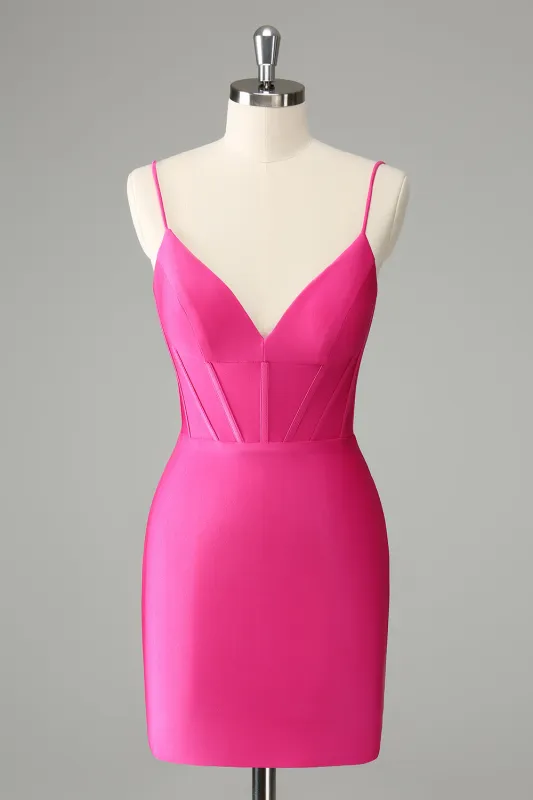 Fuchsia Tight Spaghetti Straps Pleated Short Homecoming Dress sold by Wedtrend