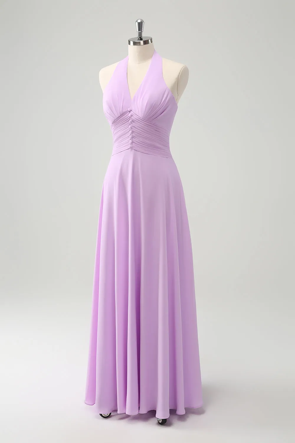 Purple A Line Halter Backless Pleated Chiffon Long Bridesmaid Dress With Buckle sold by Wedtrend product image thumbnail 3