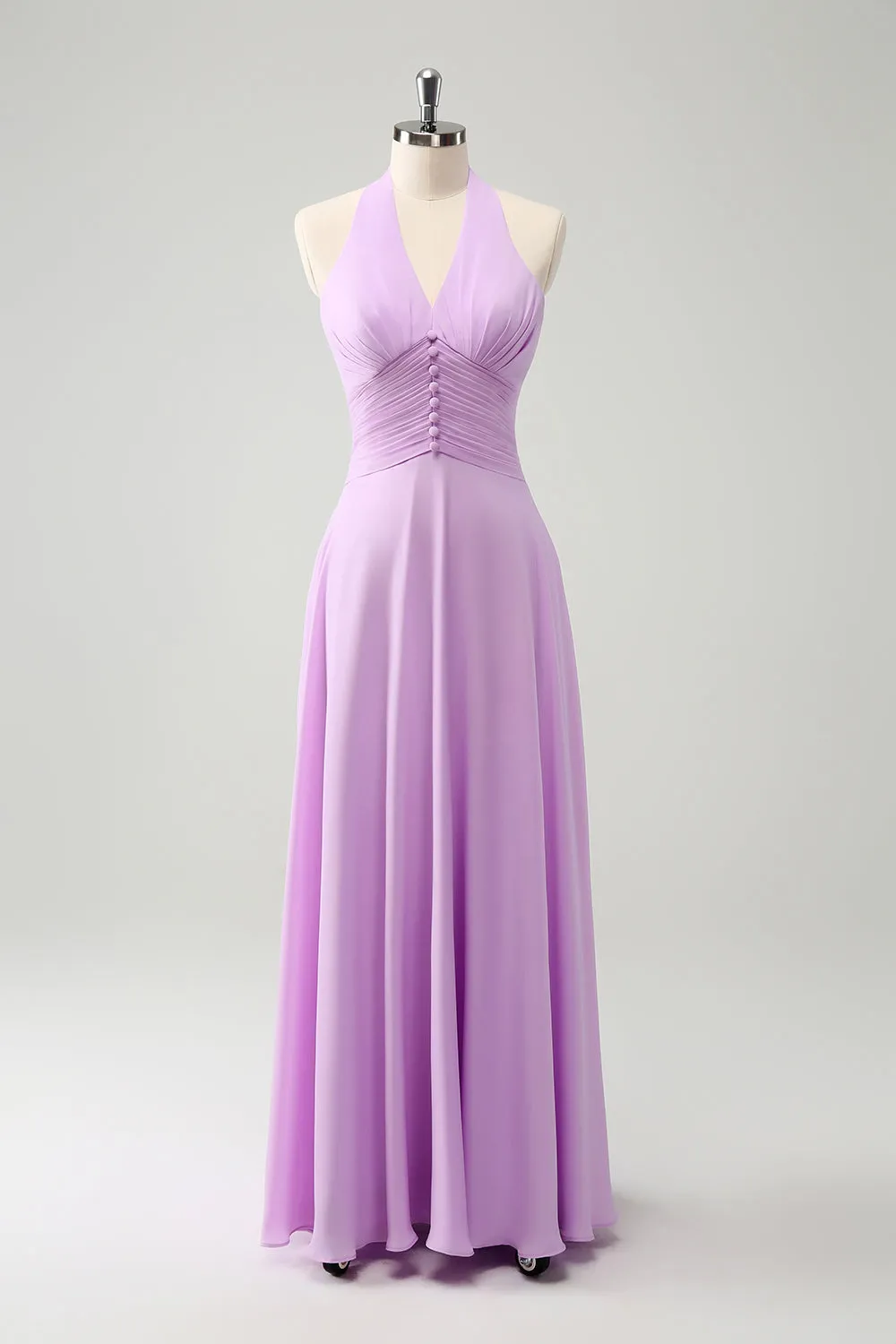 Purple A Line Halter Backless Pleated Chiffon Long Bridesmaid Dress With Buckle sold by Wedtrend