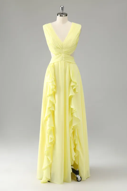 Lemon Yellow A Line V Neck Ruffle Pleated Bridesmaid Dress with Lace Up Back sold by Wedtrend