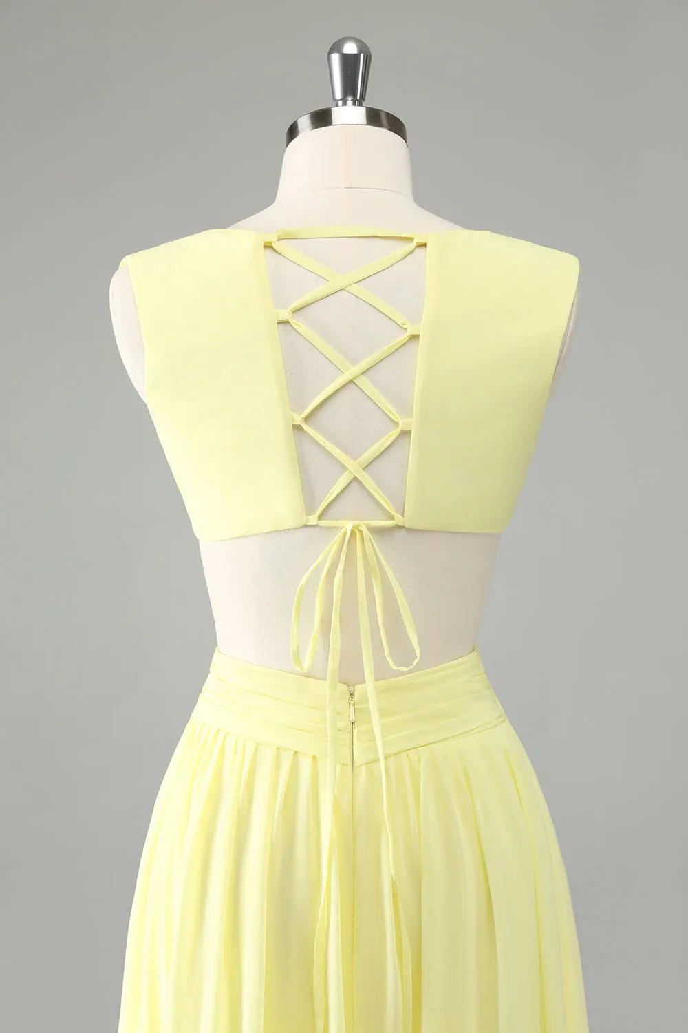 Lemon Yellow A Line V Neck Ruffle Pleated Bridesmaid Dress with Lace Up Back sold by Wedtrend product image thumbnail 5