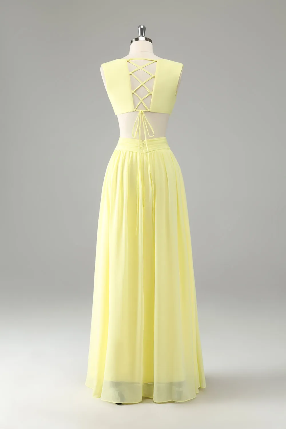 Lemon Yellow A Line V Neck Ruffle Pleated Bridesmaid Dress with Lace Up Back sold by Wedtrend product image thumbnail 2