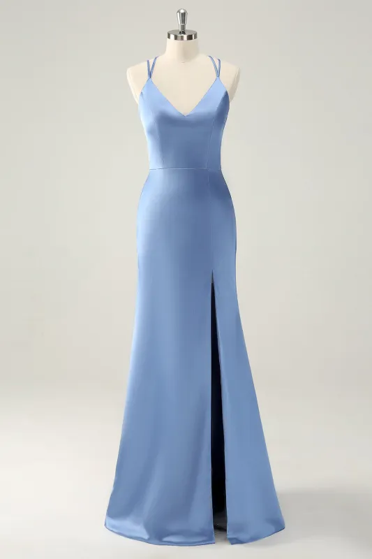 Blue Mermaid Spaghetti Straps Long Satin Bridesmaid Dress with Slit sold by Wedtrend