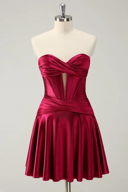 Cute Burgundy A Line Sweetheart Criss Cross Corset Homecoming Dress with Ruffles sold by Wedtrend