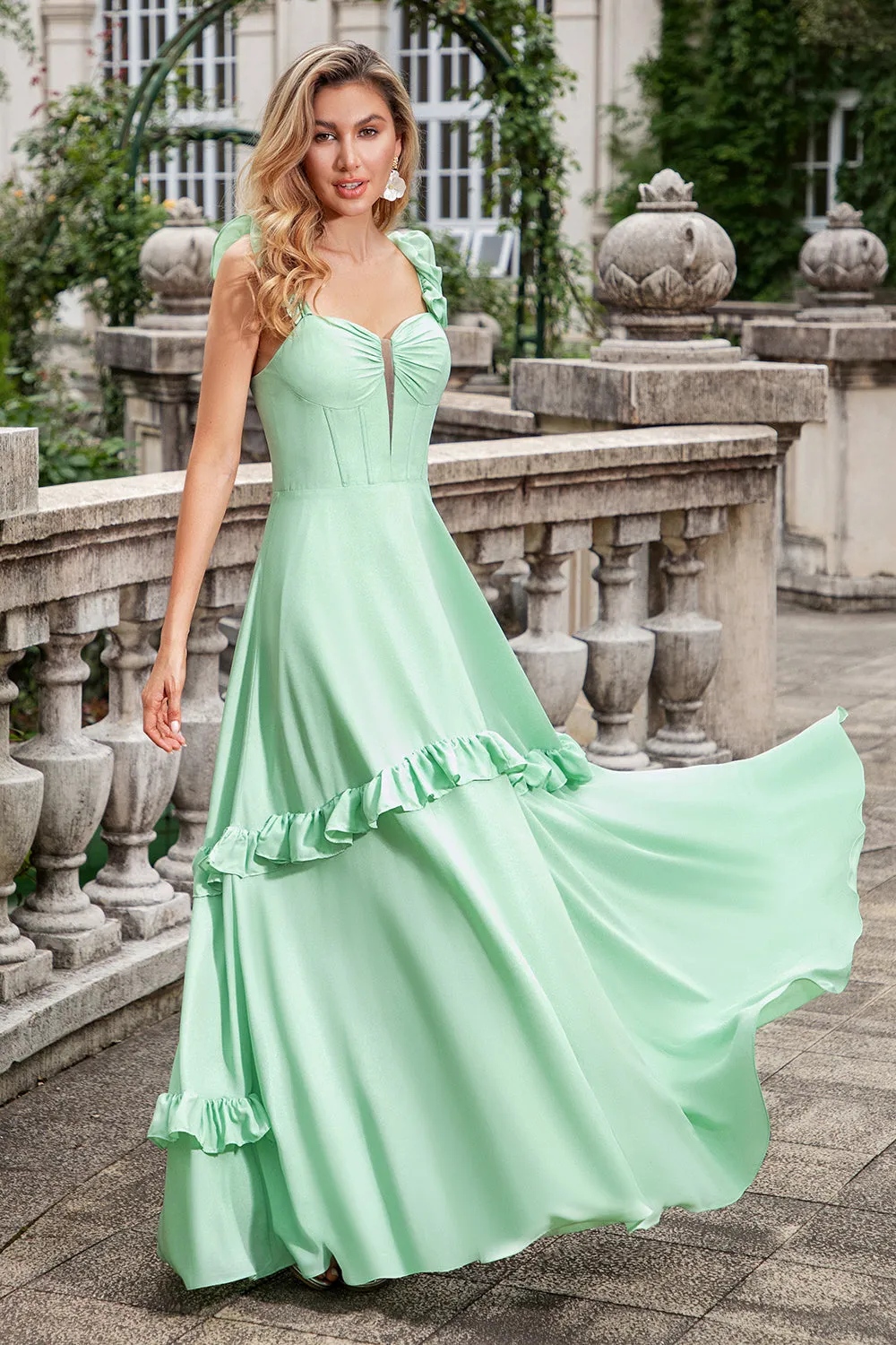 Green A Line Ruffle Sleeve Corset Chiffon Long Bridesmaid Dress with Ruffles sold by Wedtrend product image thumbnail 4