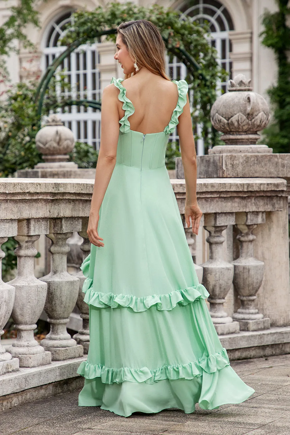 Green A Line Ruffle Sleeve Corset Chiffon Long Bridesmaid Dress with Ruffles sold by Wedtrend product image thumbnail 2