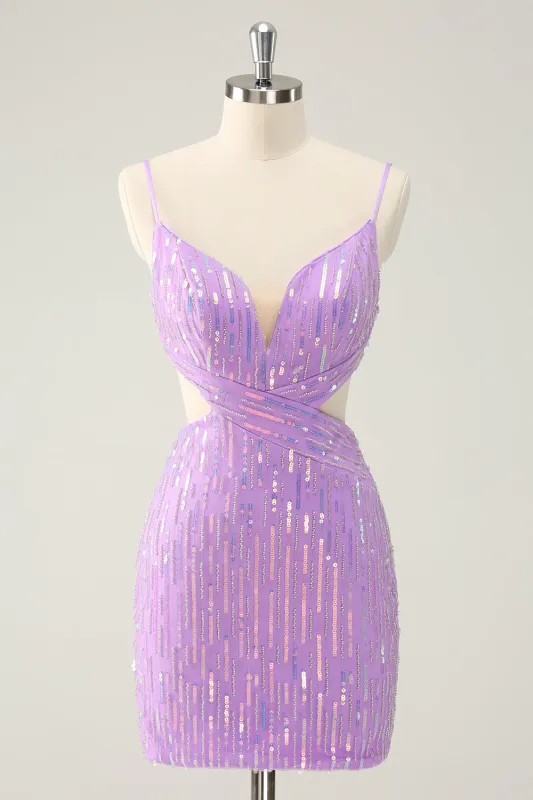Glitter Purple Bodycon Lace Up Back Short Homecoming Dress with Sequins sold by Wedtrend