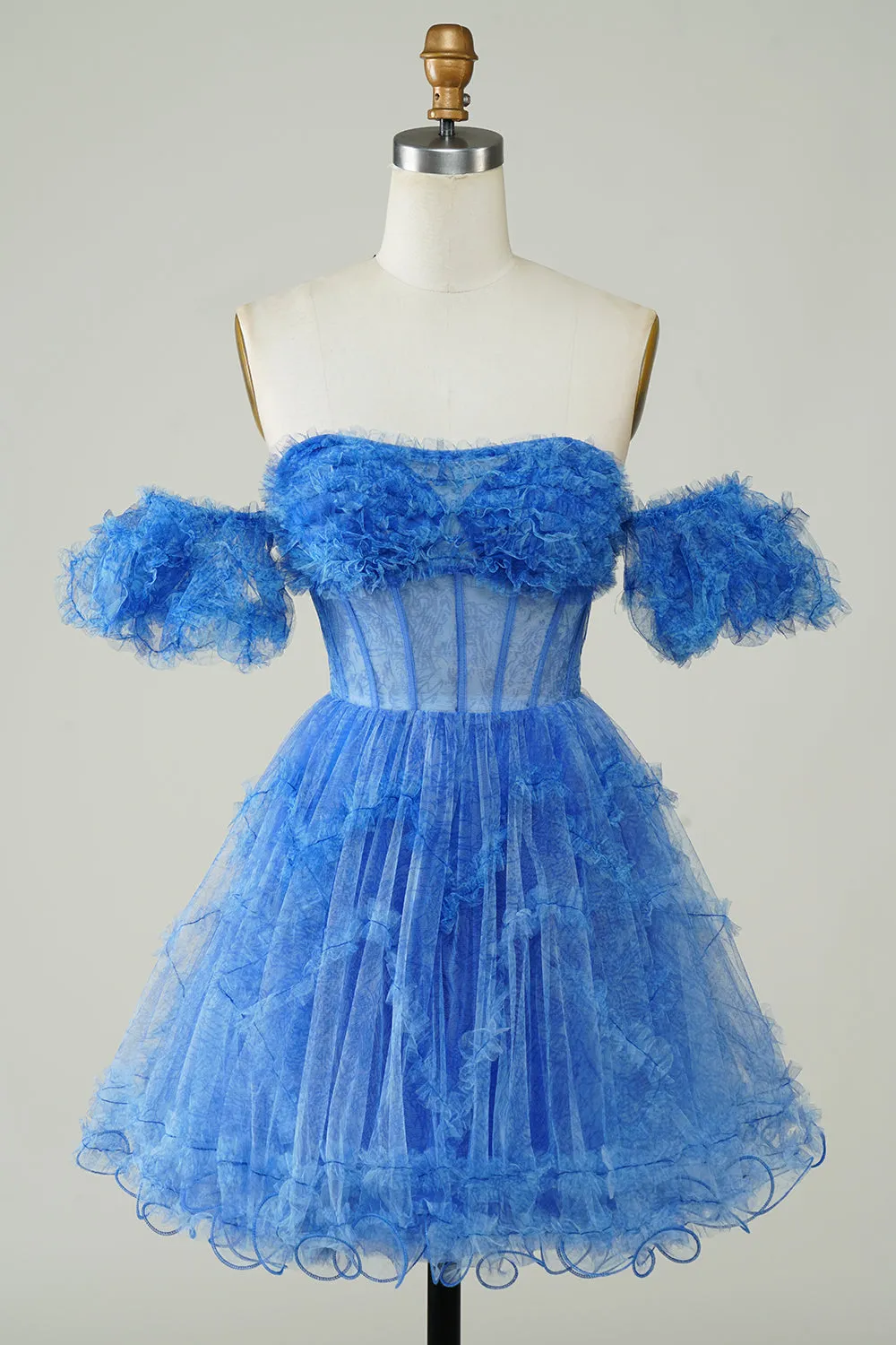 Cute Blue A Line Off The Shoulder Corset Short Homecoming Dress sold by Wedtrend