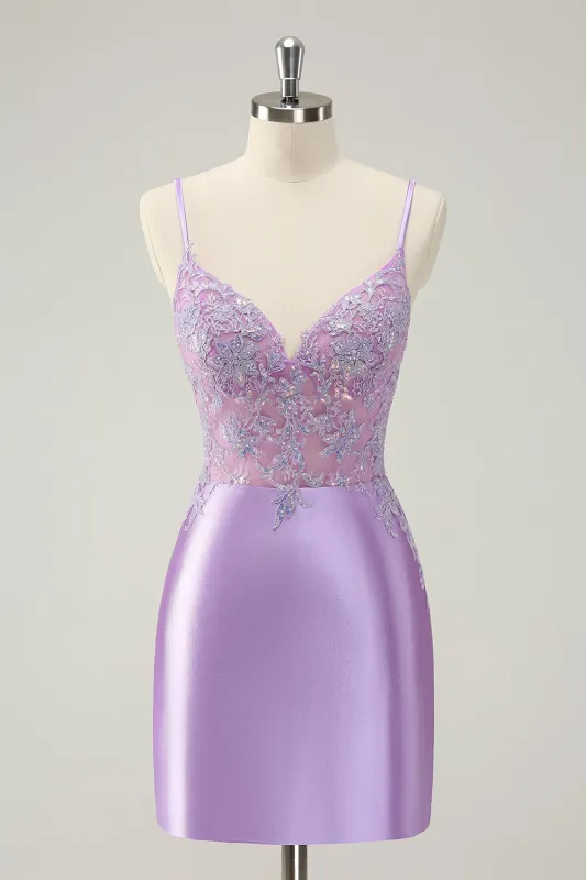 Gorgeous Lilac Bodycon Spaghetti Straps Short Homecoming Dress with Sequins made by Wedtrend